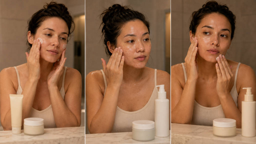 Nighttime skincare routine adjusted for dry, oily, and combination skin types