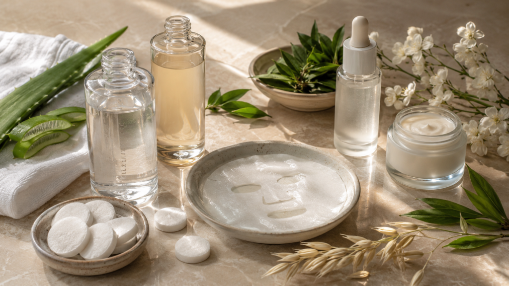 Hydrating toner, essence, moisturizer, and compression sheet masks arranged in a luxury skincare flat lay.