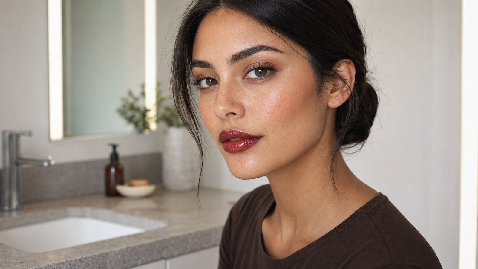 Woman wearing a glossy cherry cola lip combo with a softly blended red-brown gradient