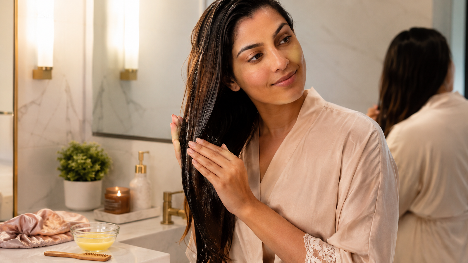 Woman applying coconut oil to her hair before an overnight deep conditioning treatment.