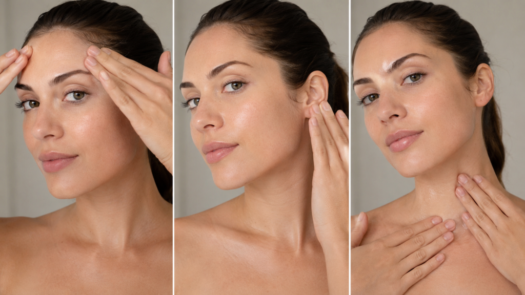 Sunscreen applied to the hairline, ears, neck, and upper chest.