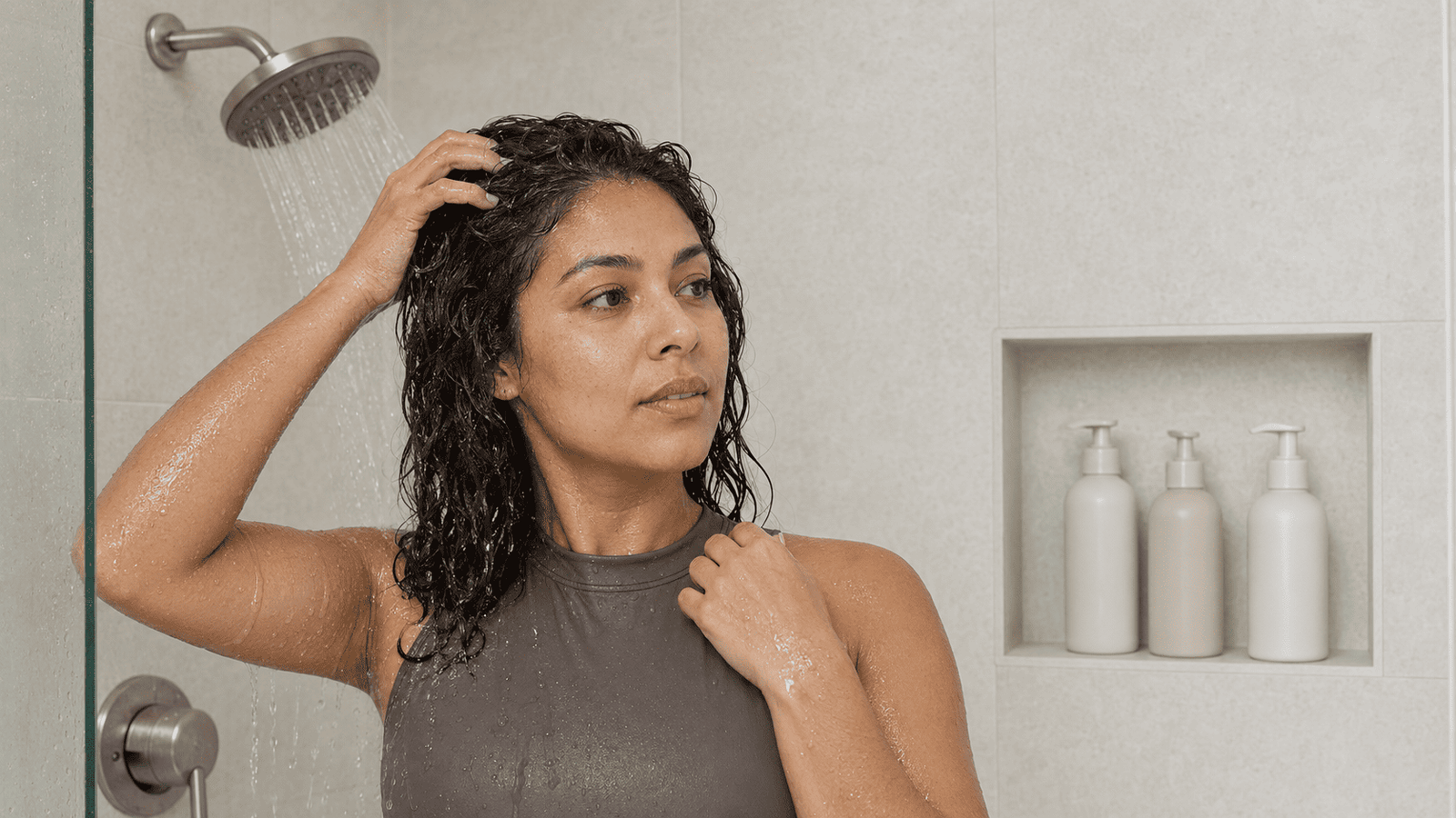 Woman following a complete shower routine for healthy skin, hair, and body