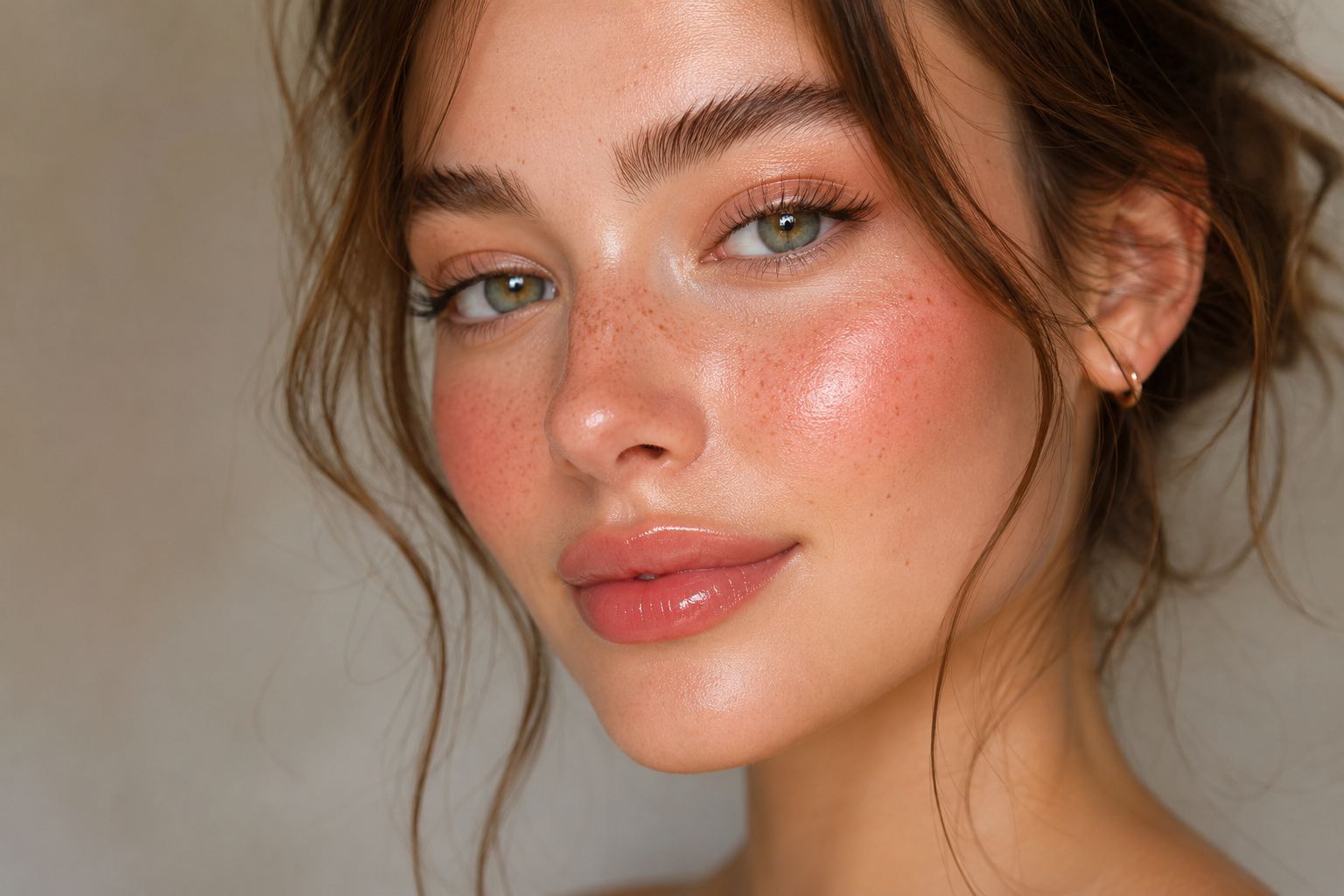 Complete Strawberry Girl Makeup look featuring dewy glowing skin, rosy cheeks, soft natural freckles, feathered brows, and glossy pink lips in a close-up beauty portrait.