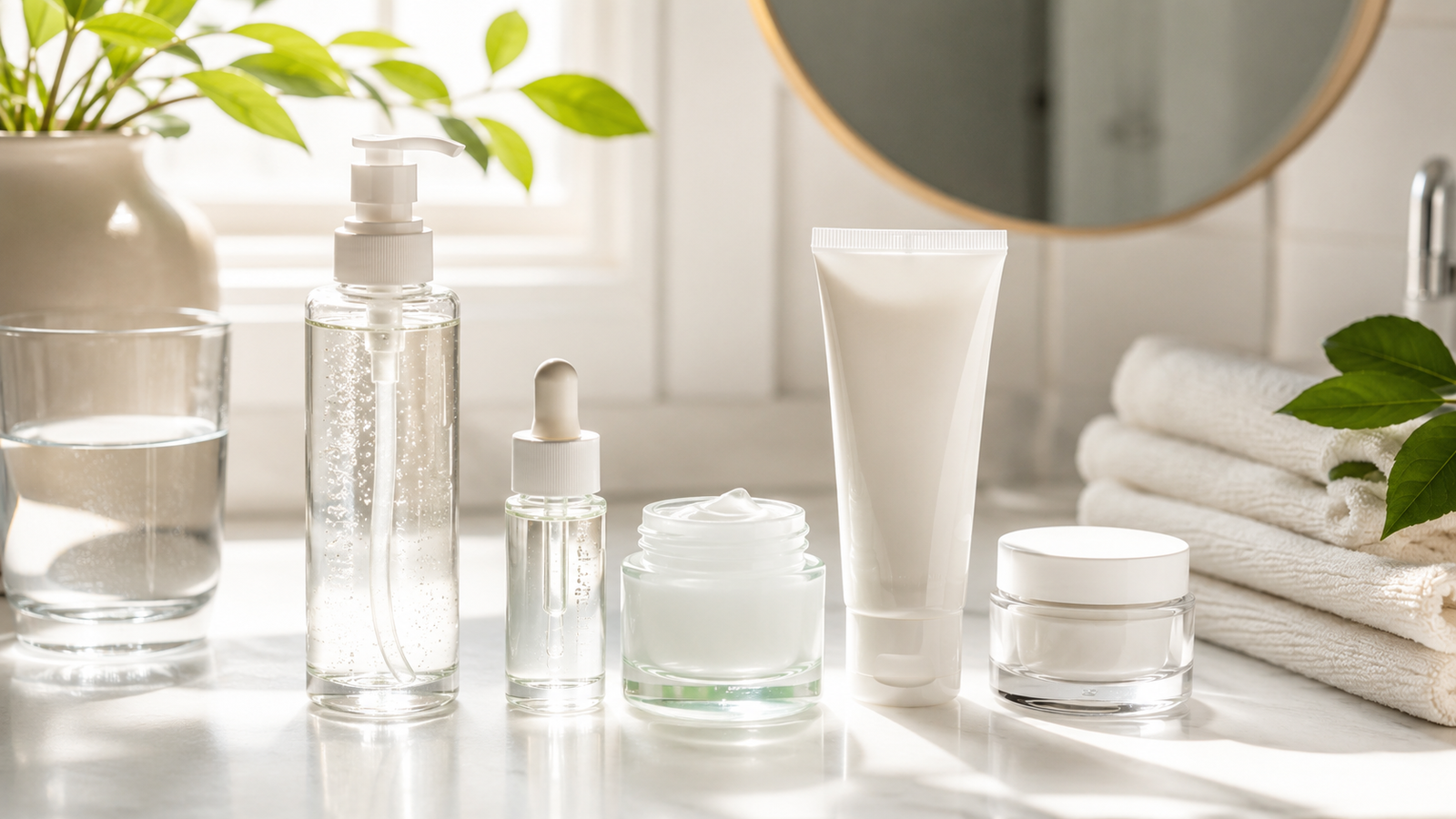 Complete summer skincare routine arranged on a bright modern bathroom vanity with a gentle gel cleanser, hydrating serum, gel moisturizer, sunscreen, nighttime moisturizer, folded cotton towels, and a glass of water in natural morning light.