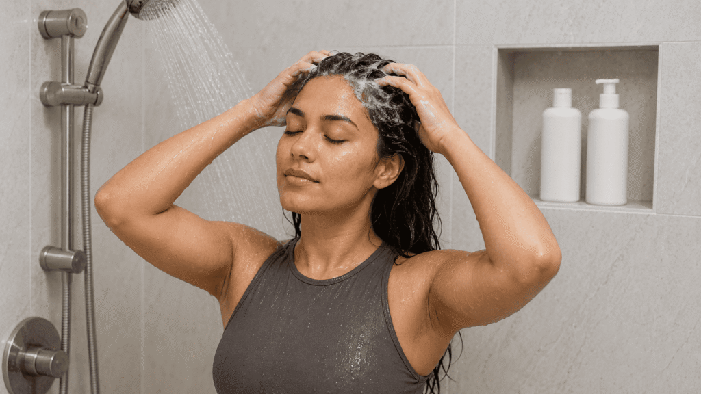 Woman shampooing her scalp before washing her body in the shower