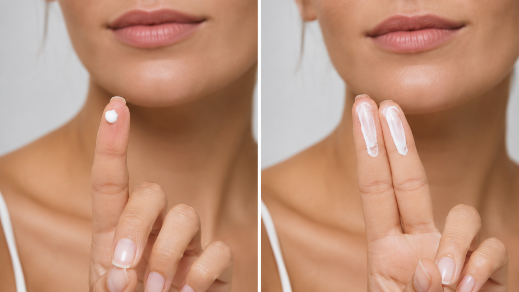 Comparison of too little sunscreen and a fuller amount for face and neck coverage.