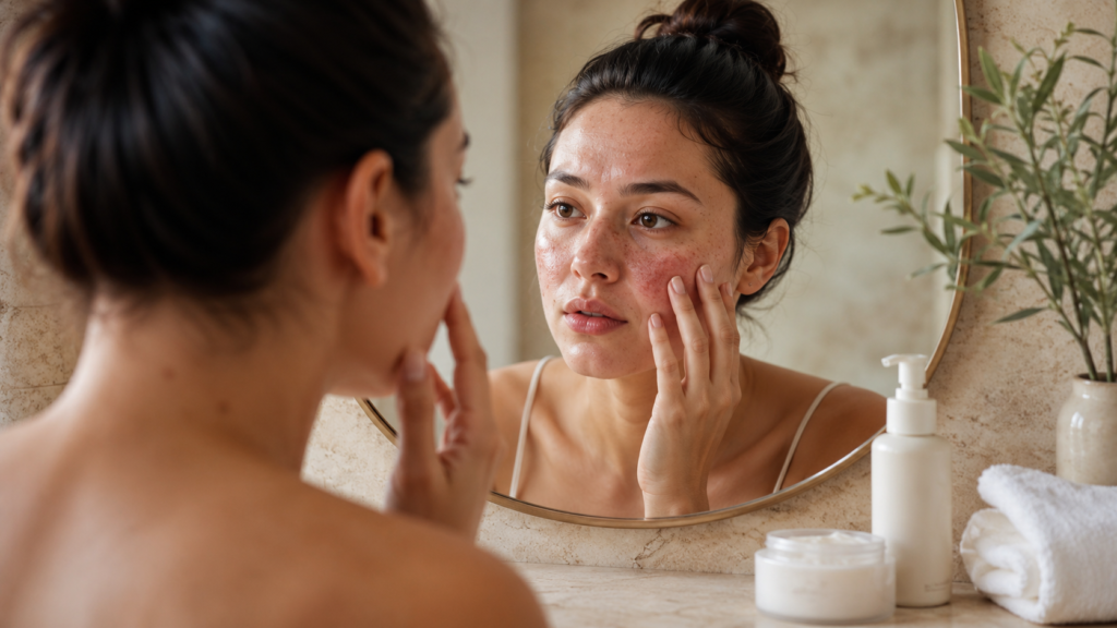 Woman noticing signs of a damaged skin barrier in the mirror.