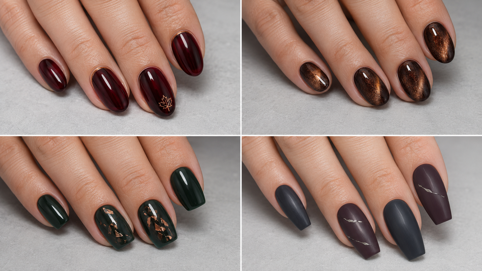 Expensive-looking dark fall nails with black cherry, espresso, copper, and delicate leaf details