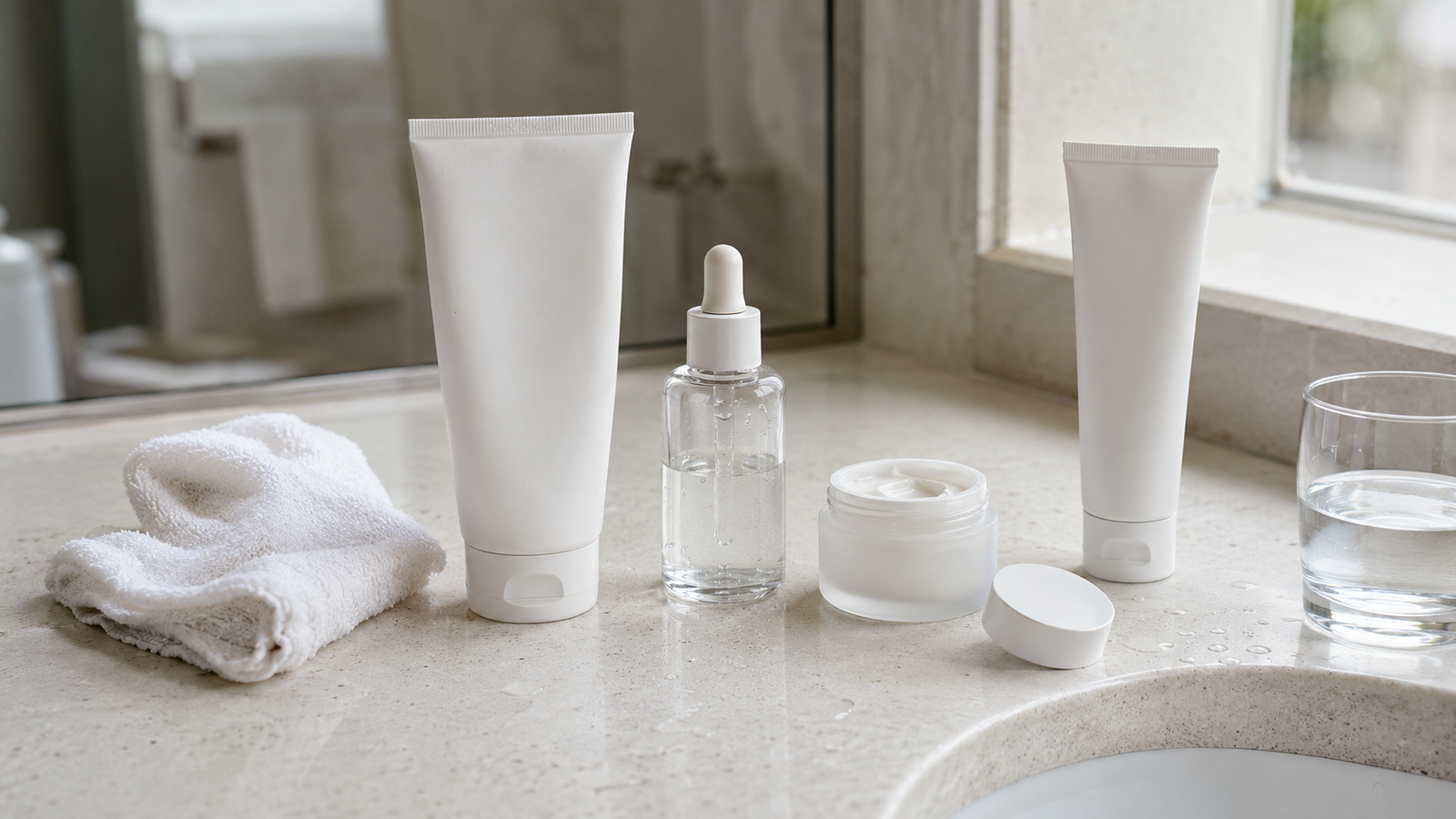 Gentle end-of-summer skincare routine arranged on a bright bathroom vanity