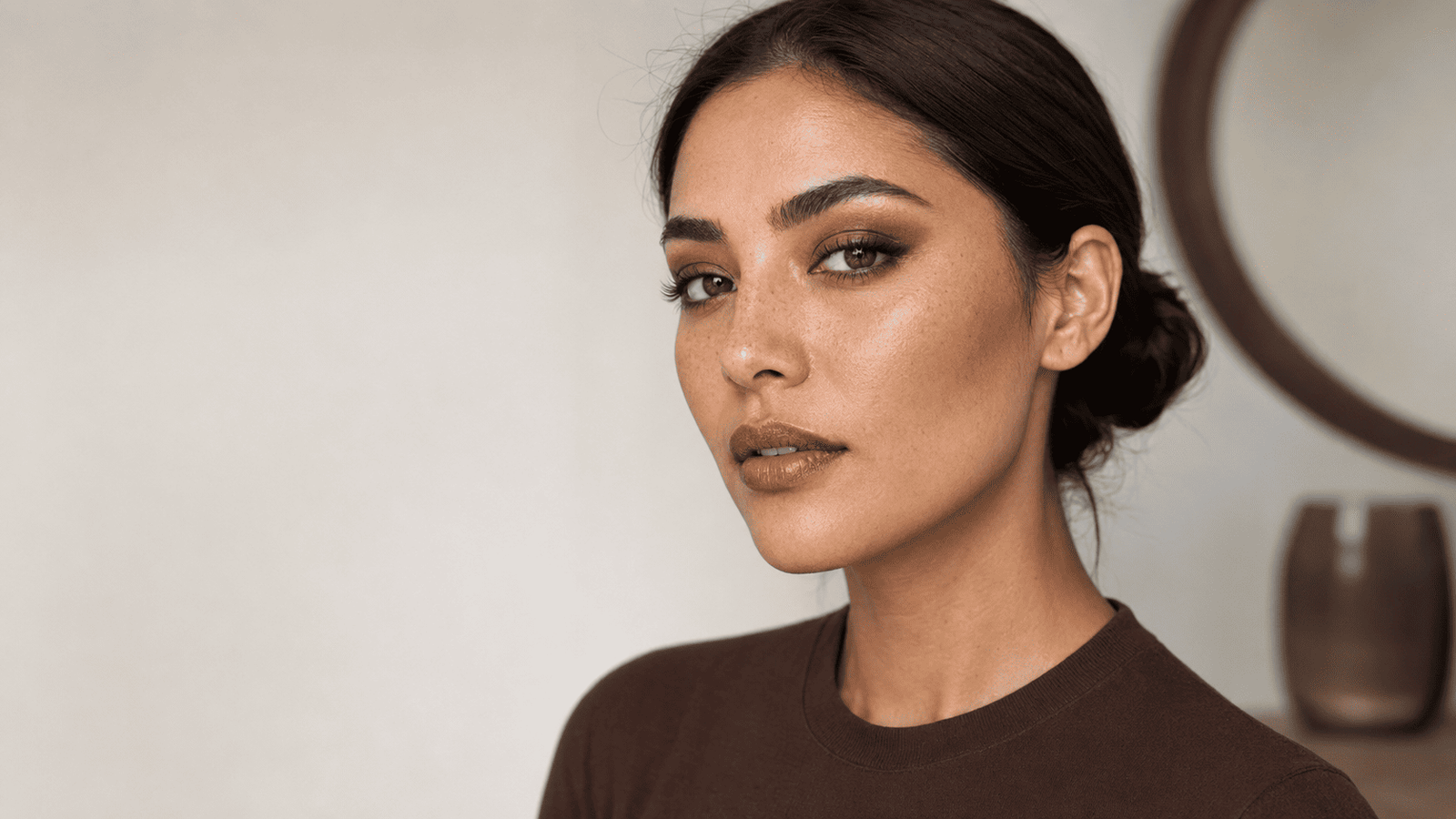 Woman wearing rich espresso-brown makeup on her eyes cheeks and lips