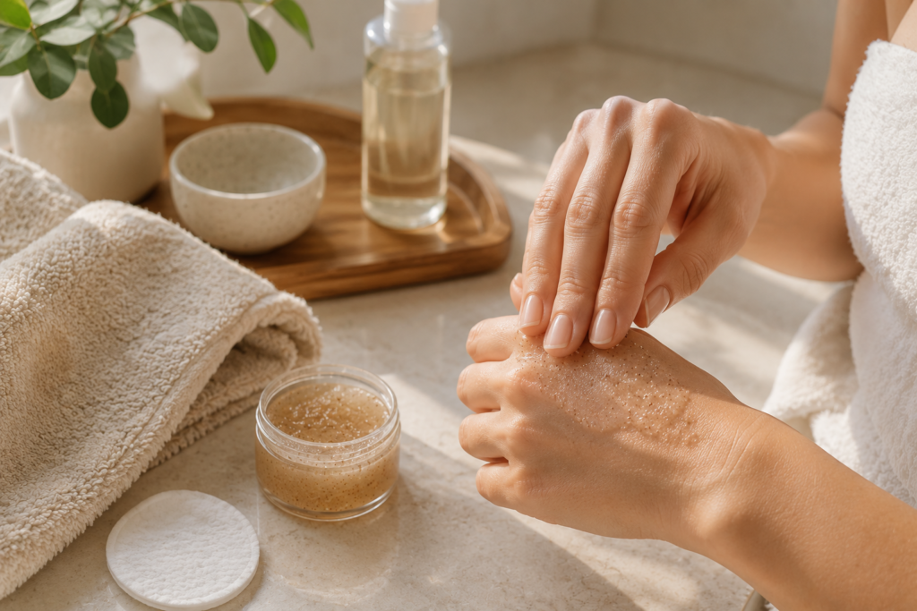 Hands gently exfoliating facial skin with a mild exfoliating scrub in a bright, minimalist skincare setting for smoother, glowing skin.