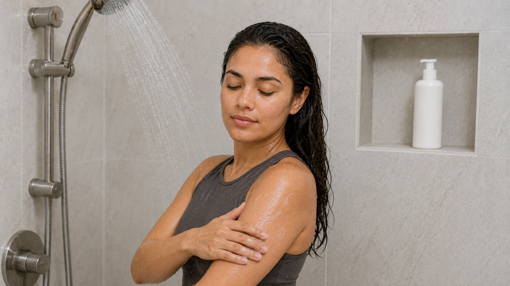 Woman gently washing her shoulder and arm without over-scrubbing