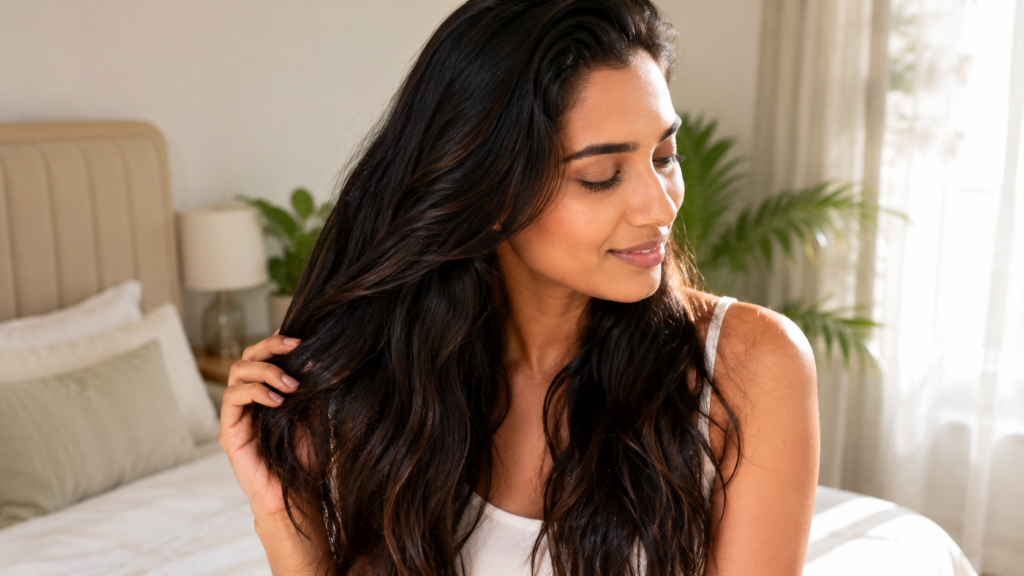 Healthy smooth hair after using a coconut oil overnight deep conditioning treatment.