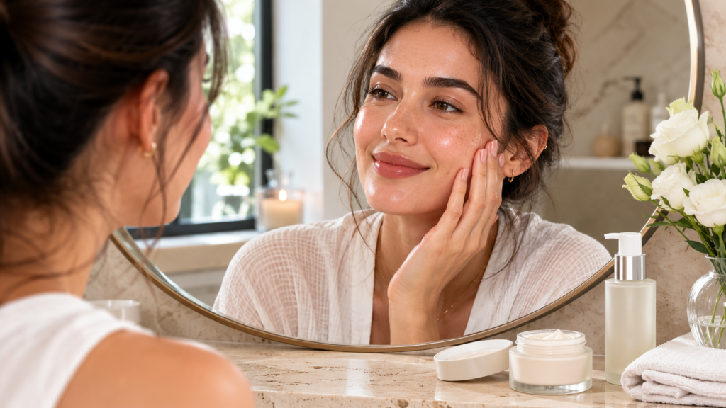 Woman with a healthier skin barrier after following a consistent ceramide skincare routine.