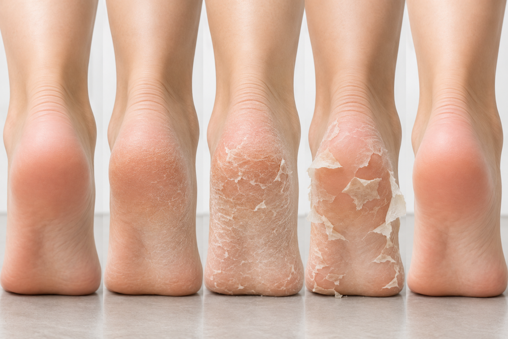 Realistic peeling timeline showing heel skin changes from day one through day fourteen.