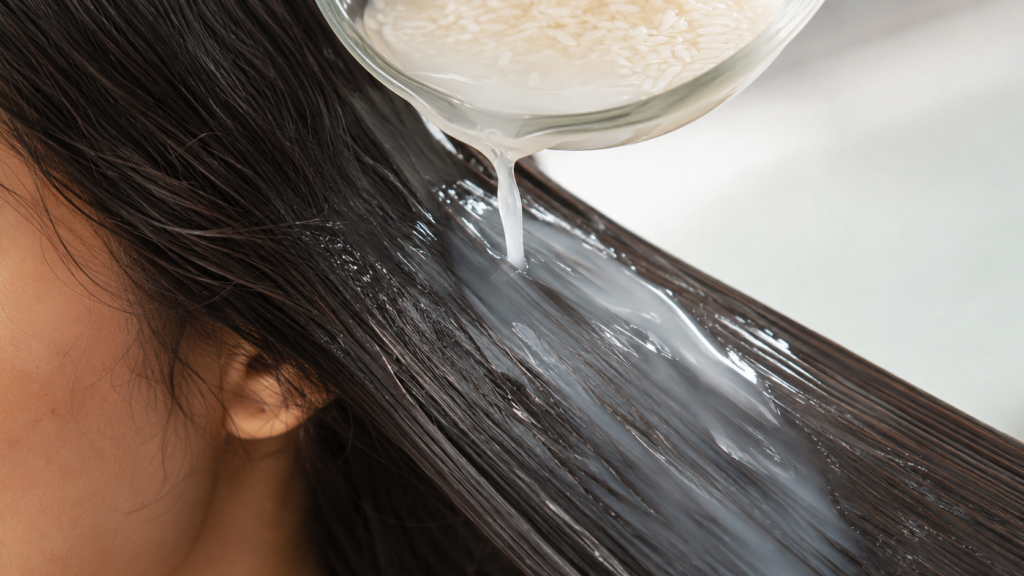 Rice water coating healthy hair strands to smooth the hair cuticle.
