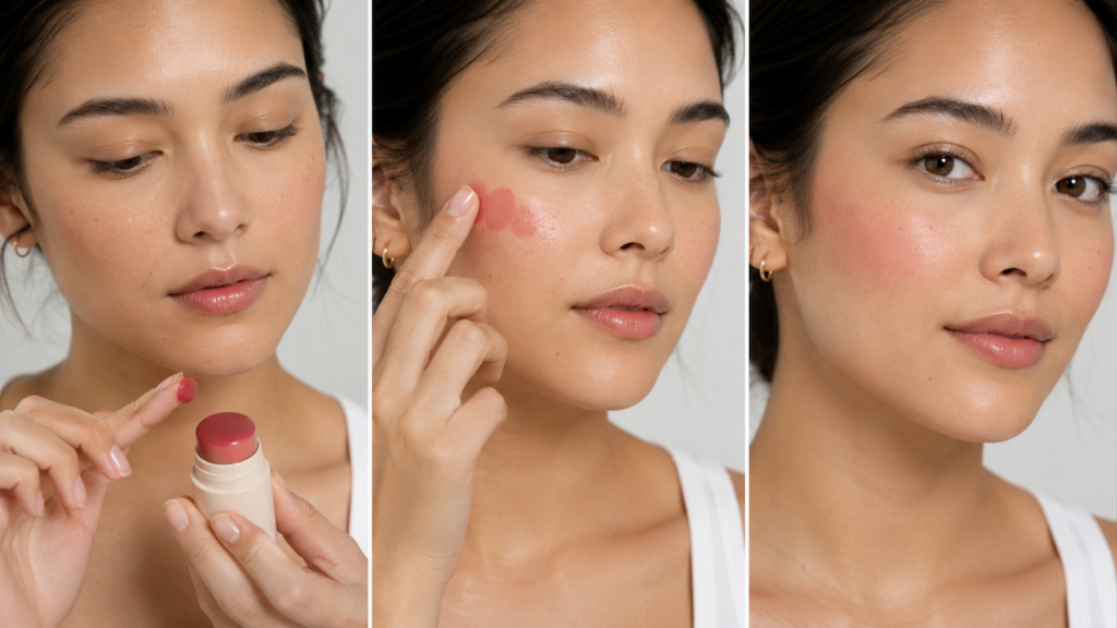 Three-step jelly blush application using a fingertip and gentle tapping motions.