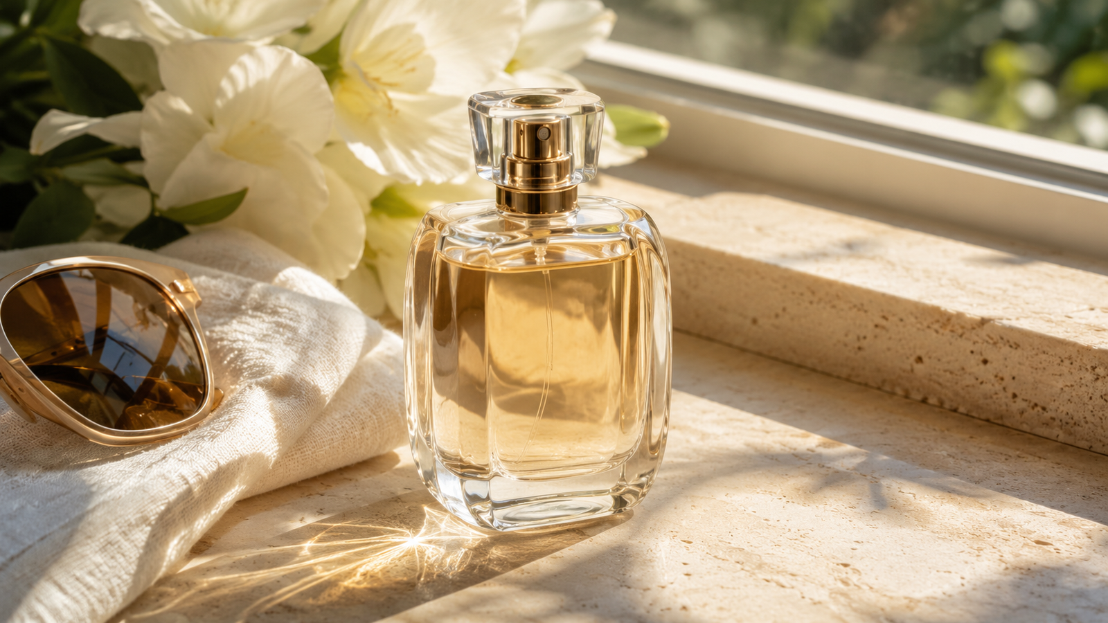 How to make perfume last in summer heat with a luxury perfume bottle styled on a sunlit vanity