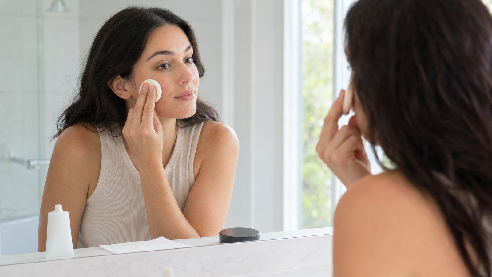 Woman reapplying sunscreen over makeup with a cushion puff