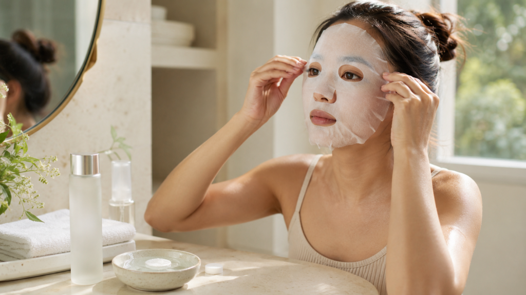 Woman applying a freshly expanded compression sheet mask after soaking it in toner.
