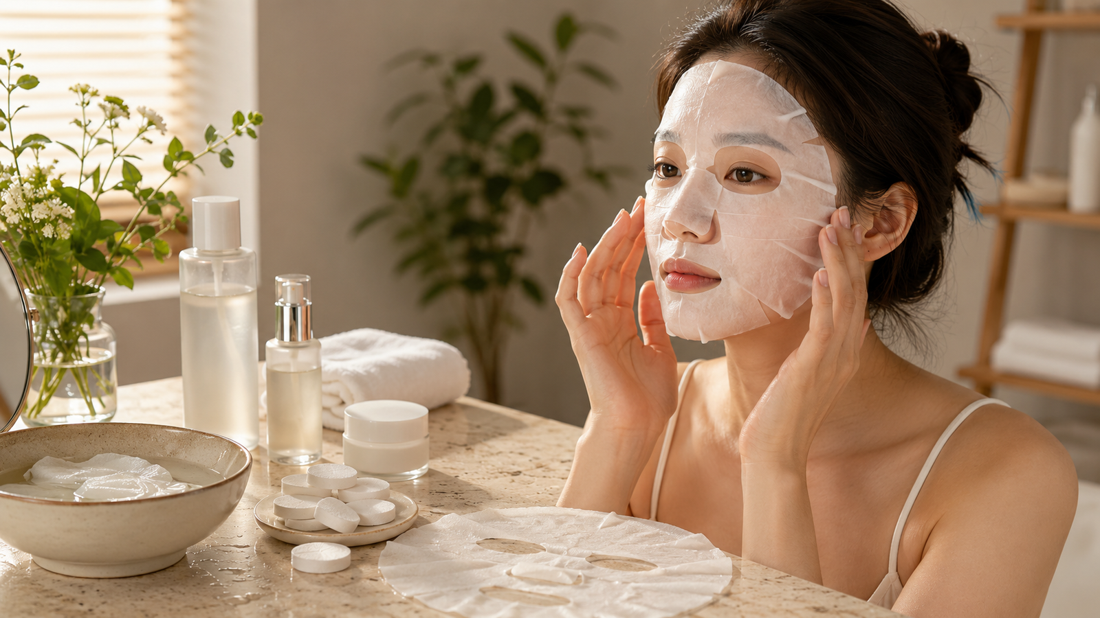 Woman using a compression sheet mask with hydrating skincare products in a luxury Korean skincare routine.