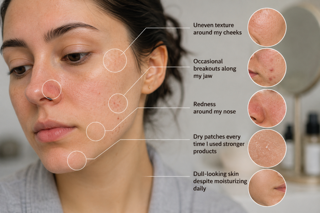 Skin before beginning a 30-day skin cycling routine, showing uneven texture, jawline acne, redness around the nose, dry patches, and dull complexion