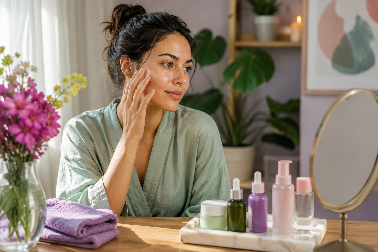 Realistic lifestyle beauty image of a woman following a skin cycling routine in a bright bathroom while applying moisturizer after 30 days of consistent skincare.