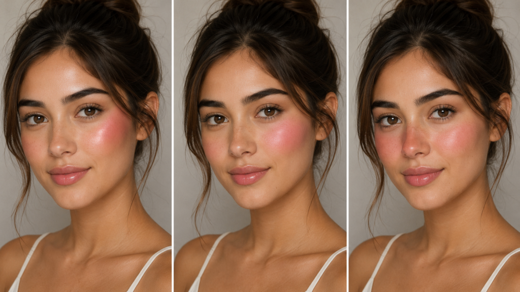 Three jelly blush placements showing lifted, rounded, and sun-touched cheek effects.