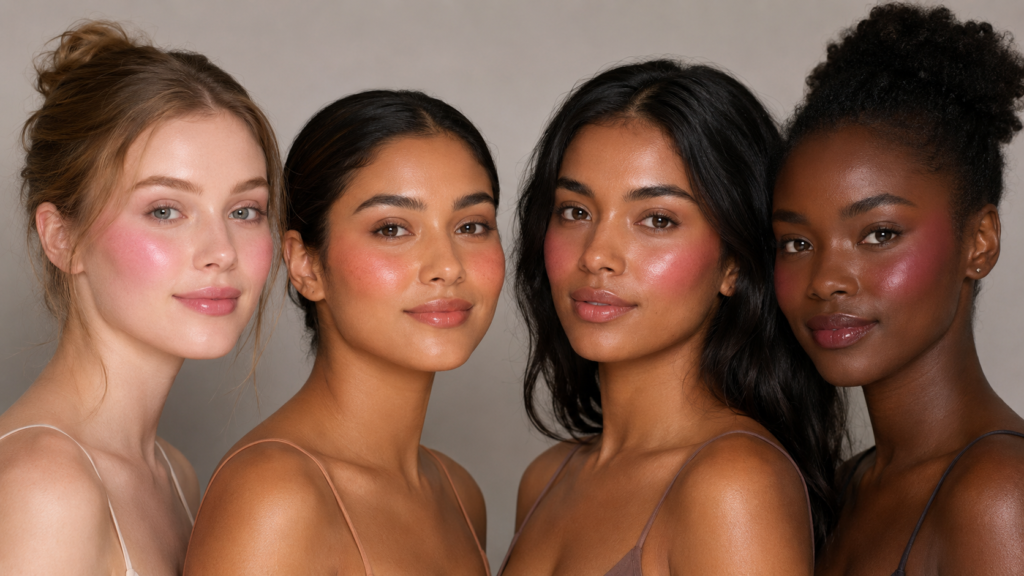 Four skin tones wearing soft pink, coral, berry, and plum jelly blush shades.