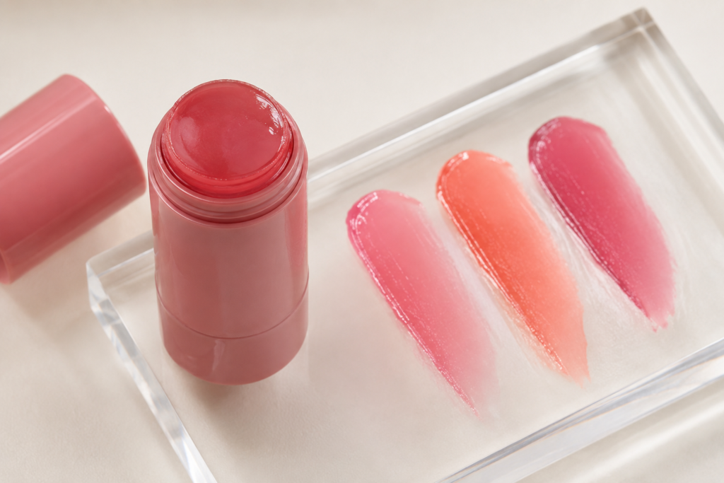 Open jelly blush stick with translucent pink, coral, and berry swatches.