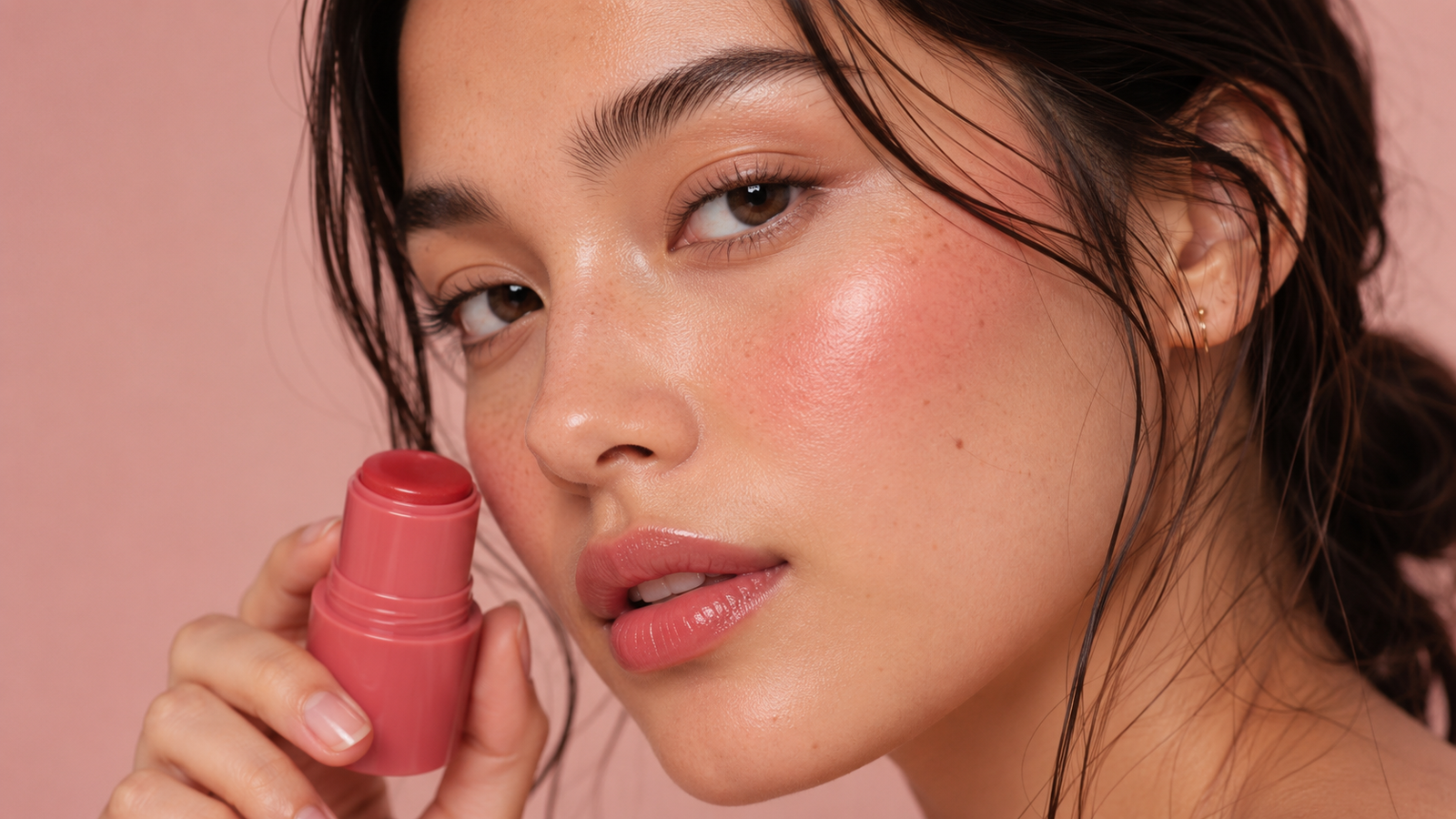 Woman wearing sheer jelly blush with a fresh natural flush on her cheeks.