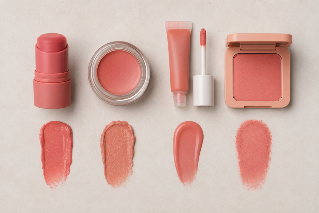 Jelly, cream, liquid, and powder blush formulas displayed with matching swatches.