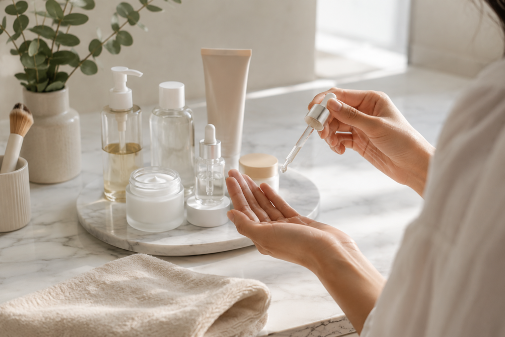 Minimal Korean glass skin routine with cleanser, toner, serum, moisturizer, and sunscreen arranged on a marble vanity while hands apply a hydrating serum.
