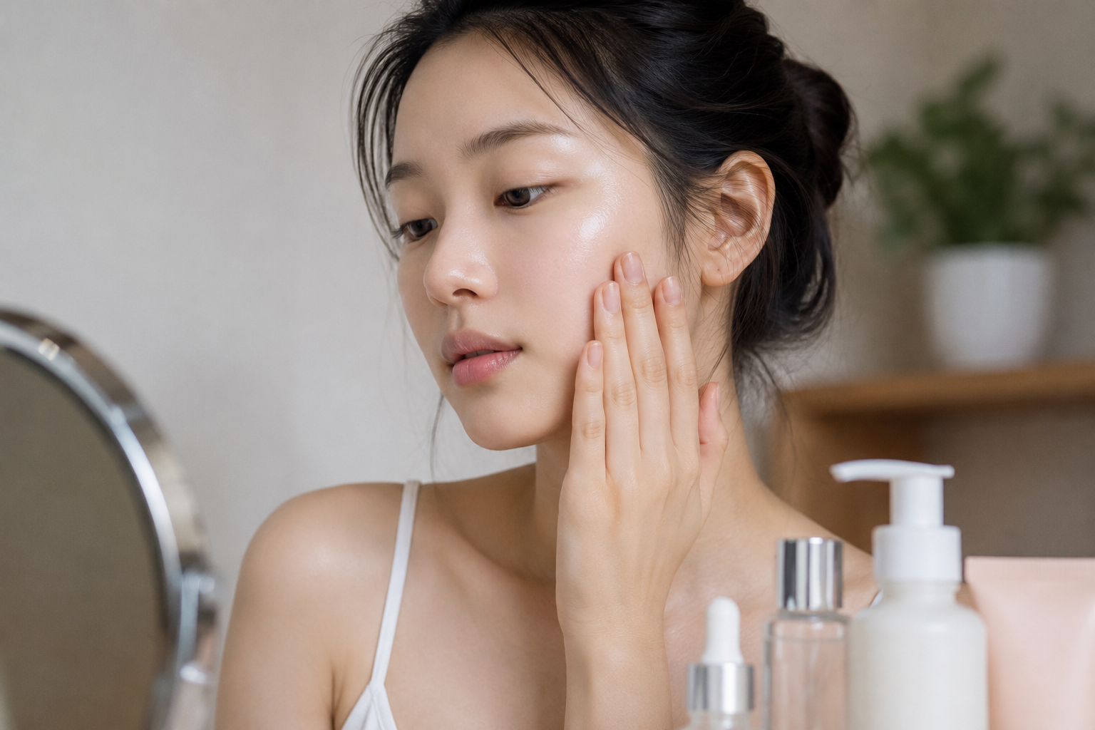 Woman following a Korean glass skin routine with naturally dewy skin while applying skincare in a bright, minimalist bathroom.