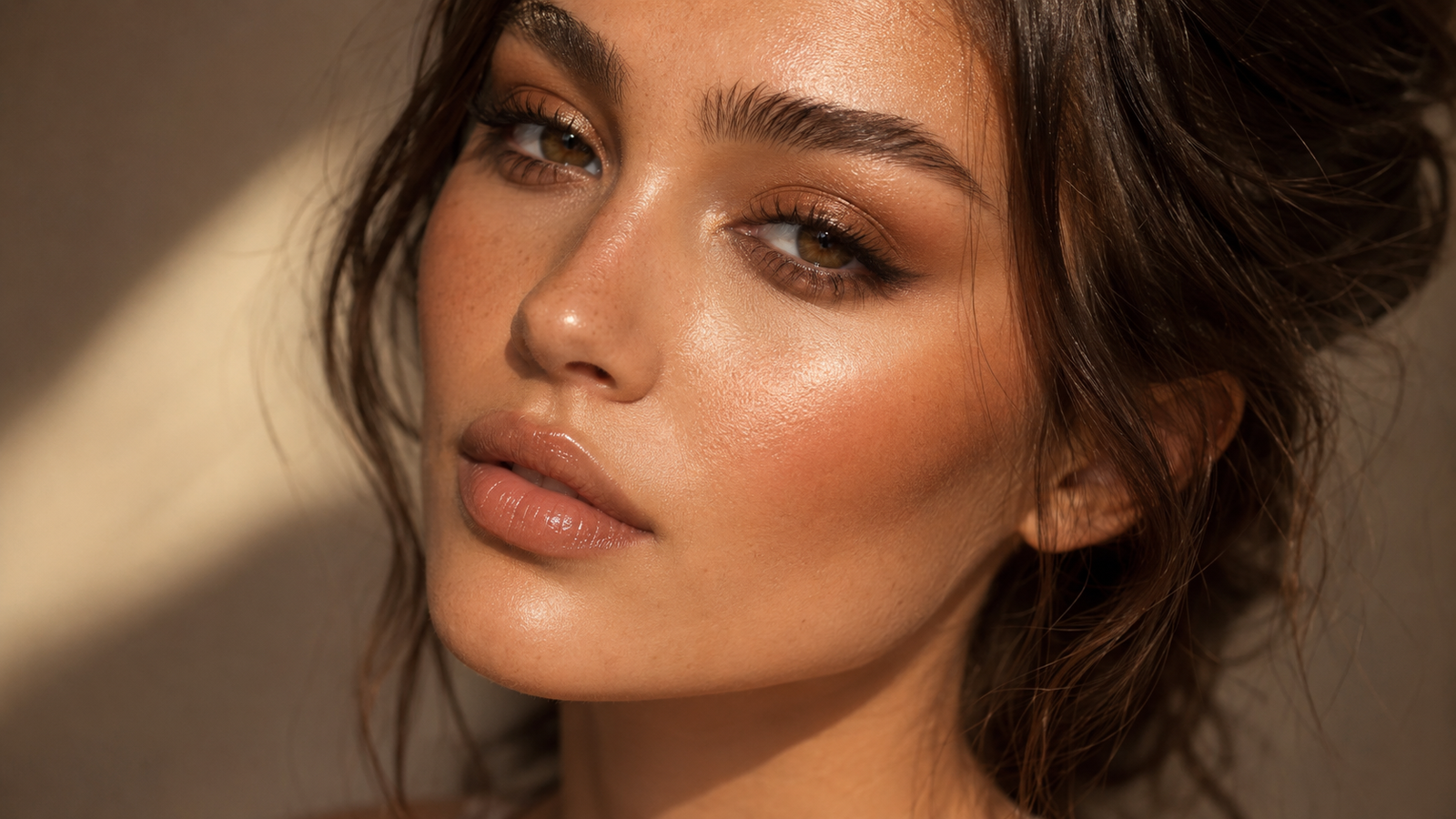 Close-up portrait of a woman wearing the Latte Makeup Look with warm bronzed skin, caramel brown eyeshadow, fluffy brows, glossy nude lips, and a soft satin finish.
