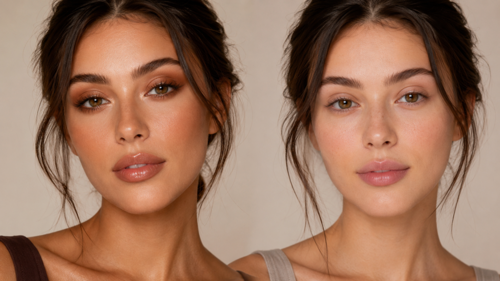 Side-by-side comparison of the Latte Makeup look with warm bronzed tones and natural makeup featuring a fresh, minimal everyday finish on two women with similar facial features.