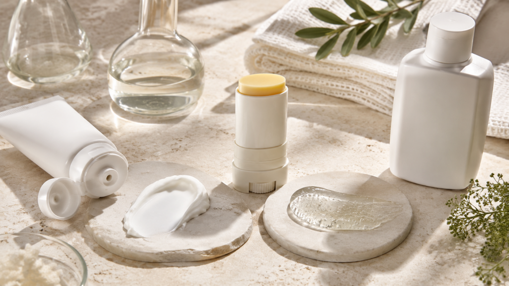 Mineral and chemical sunscreen formulations displayed in lotion and stick formats for comparison.