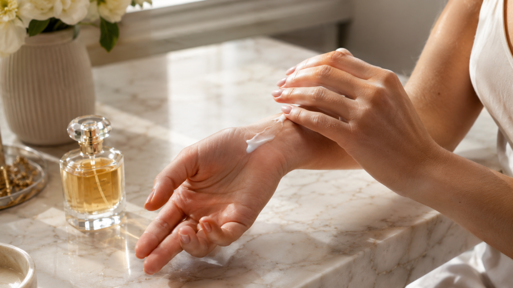 Woman applying fragrance-free body lotion before spraying perfume for better longevity