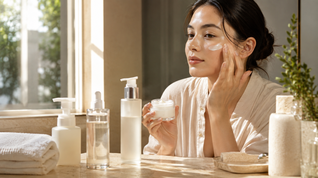 Woman applying ceramide moisturizer during her morning skincare routine.