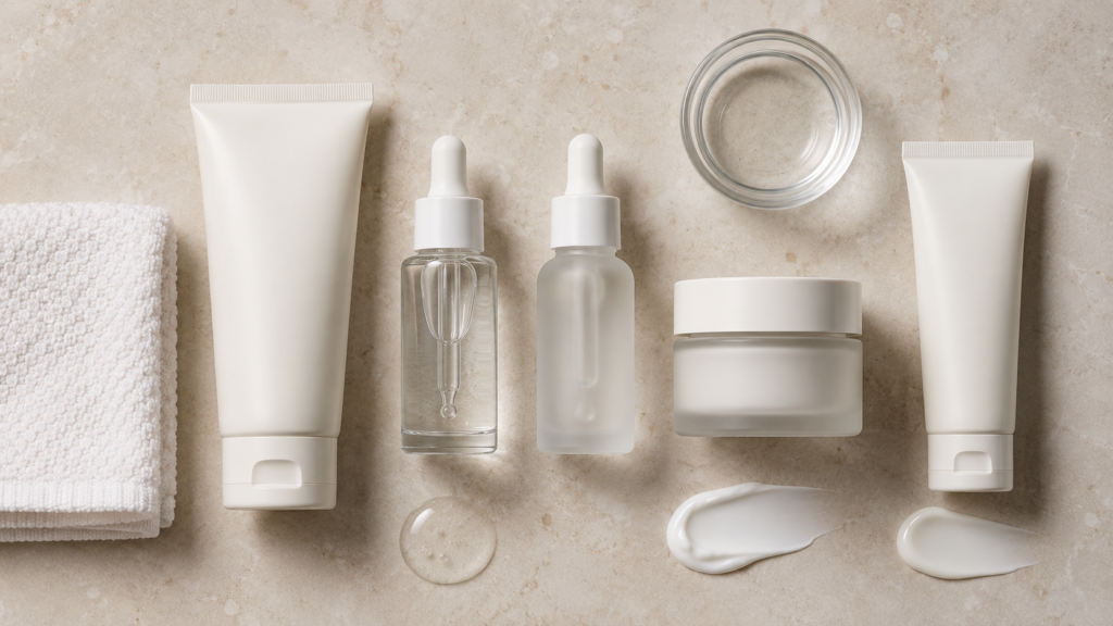 Morning peptide skincare routine with cleanser, serum, moisturizer, and sunscreen arranged in application order.