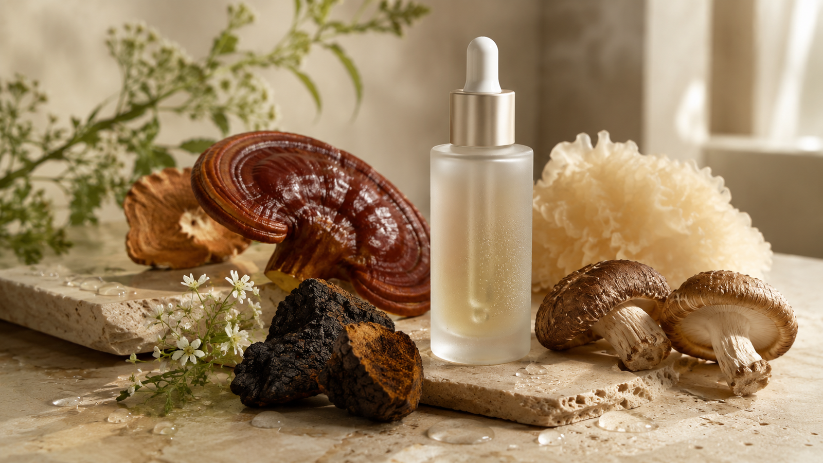 Luxury mushroom skincare serum surrounded by functional mushrooms on a neutral spa-inspired vanity.