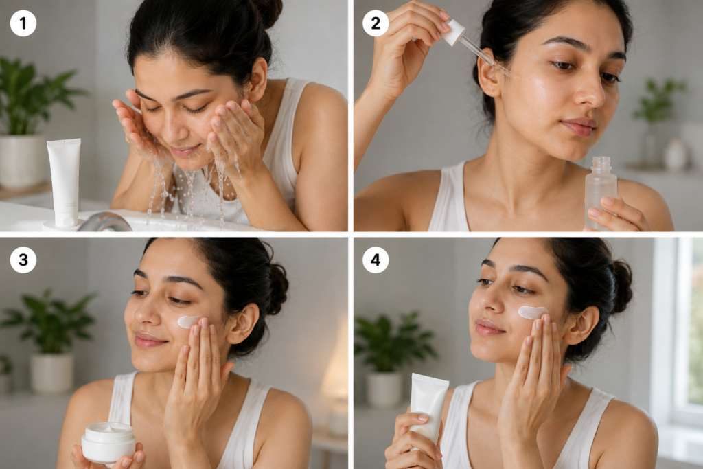 Realistic landscape collage showing a four-step morning niacinamide skincare routine. A woman gently cleanses her face, applies niacinamide serum to slightly damp skin, uses a lightweight moisturizer, and finishes with sunscreen in a bright, modern bathroom setting. The visual emphasizes simple, barrier-friendly skincare for healthier-looking skin.
