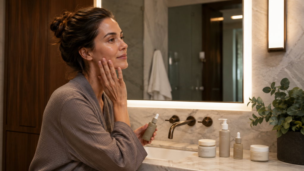 Woman applying peptide serum during a gentle nighttime skincare routine without retinol.