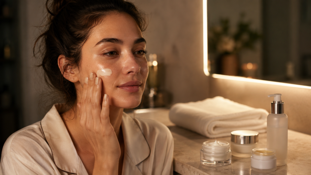 Woman applying ceramide moisturizer during her nighttime skin barrier repair routine.