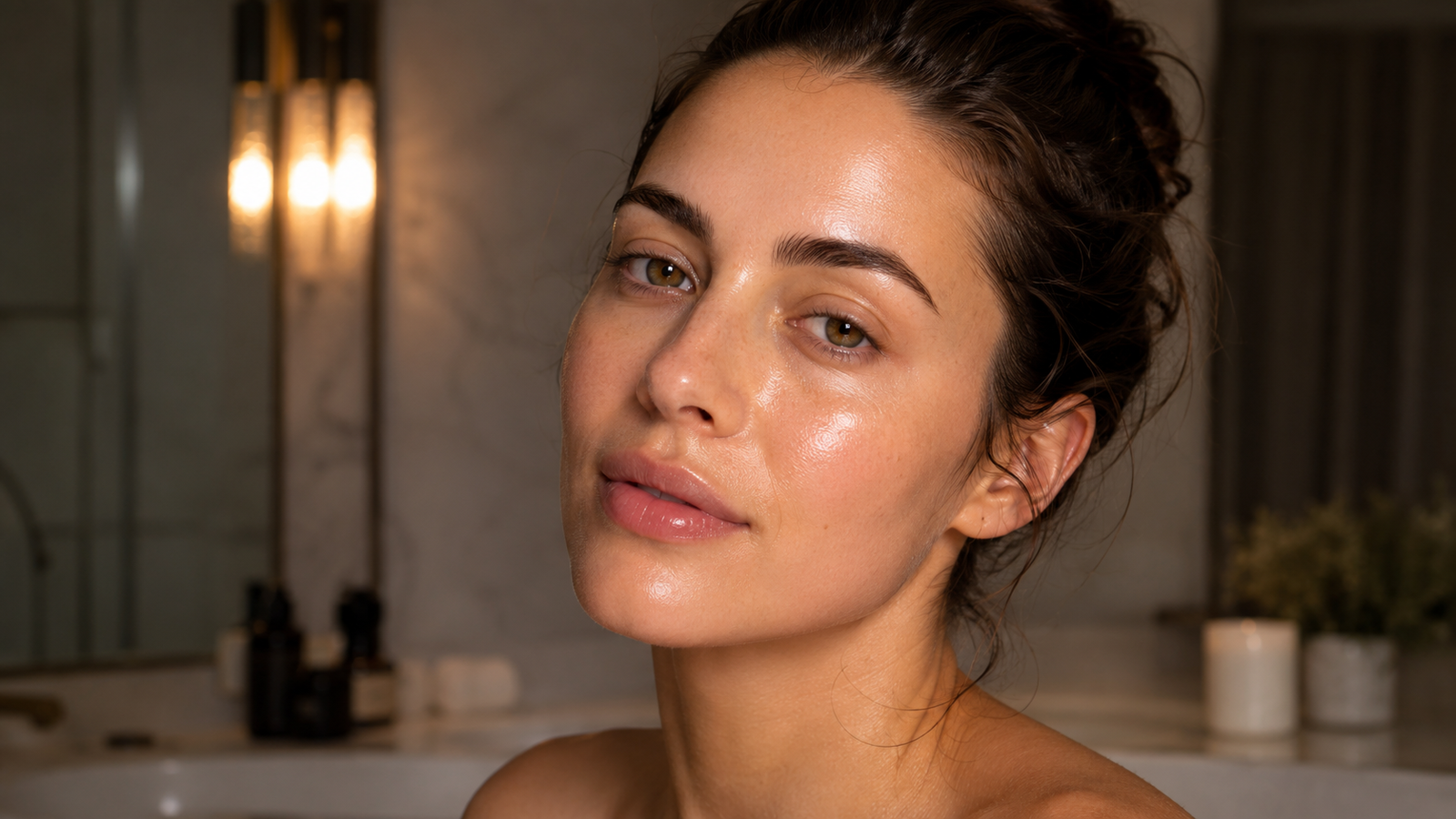 Woman with healthy, deeply hydrated skin and a natural satin glow after a nighttime slugging routine, shown in a warm editorial beauty portrait with realistic skin texture.
