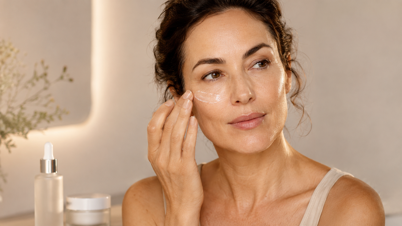 Woman applying peptide serum as part of a gentle anti-aging skincare routine without retinol.