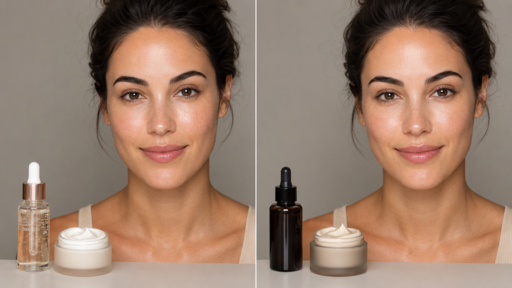 Side-by-side comparison of peptide and retinol skincare routines using different serum and moisturizer products.