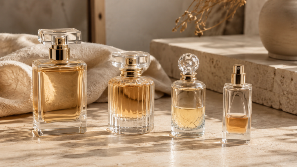 Luxury perfume bottles representing different fragrance concentrations including body mist, EDT, EDP, and parfum