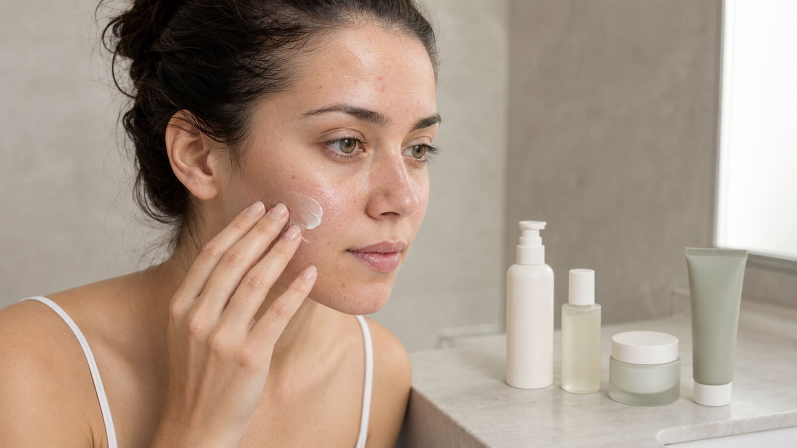 Post-summer breakout routine with gentle skincare products for congested, acne-prone skin