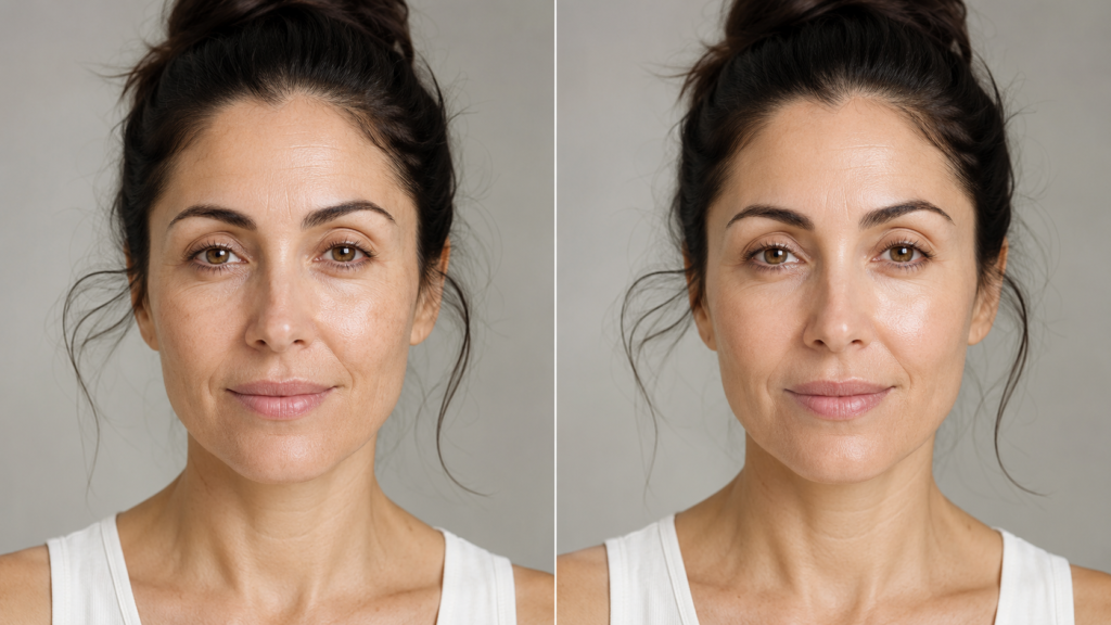 Realistic before-and-after comparison showing subtly smoother and better-hydrated skin after a peptide routine.
